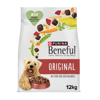 Tüte Purina Beneful Original Hundefutter mit einem glücklichen Hund, Gemüse und dem Text „Jetzt ohne hinzugefügte Farbstoffe“, 12 kg.