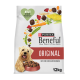 Tüte Purina Beneful Original Hundefutter mit einem glücklichen Hund, Gemüse und dem Text „Jetzt ohne hinzugefügte Farbstoffe“, 12 kg.
