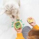 Une personne en pull jaune tient deux contenants de nourriture pour animaux étiquetés "Poulet" et "Dinde" tandis qu'un petit chien blanc tend la patte vers eux.