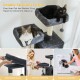 Zwei Katzen ruhen auf einem doppelten, geräumigen Sitzplatz-Kratzbaum mit Text über abnehmbare Abdeckung, Staubsaugen und maschinenwaschbar.