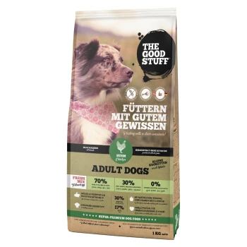 Eine Tüte Hundefutter mit einem Hundebild, beschriftet mit "THE GOOD STUFF," mit 70% Fleisch, 30% Gemüse und geeignet für erwachsene Hunde.