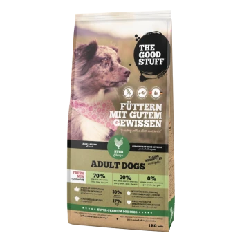 Eine Tüte Hundefutter mit einem Hundebild, beschriftet mit "THE GOOD STUFF," mit 70% Fleisch, 30% Gemüse und geeignet für erwachsene Hunde.