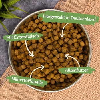 Schüssel mit Tierfutterpellets, beschriftet mit "Hergestellt in Deutschland", "Mit Entenfleisch", "Vollwertnahrung" und "Nährstoffquelle."