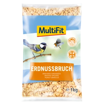 Un sac de granulés de cacahuète MultiFit pour oiseaux, avec un logo jaune, le texte 'ERDNUSSBRUCH,' et des images d'une mésange charbonnière et d'un rouge-gorge.