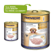 Zwei Premiere Meati Sensitive Hundefutterdosen: größere Dose zeigt "Huhn mit Kartoffel" und "Neues DESIGN, gleiche QUALITÄT."