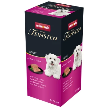 Vom Feinsten Adult 6x150g Pute und Lamm Verpackung für Animonda Vom Feinsten Hundefutter, mit einem weißen Hund, mit Text, der angibt, dass es für Erwachsene ist und Truthahn und Lamm enthält.