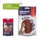 Zwei Hundeleckerli-Pakete: "Premiere Snack It Meaties" mit einem Hundebild und "I love my dog Meaties" mit Nährwertangaben (95% Fleisch, 60g).