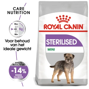 Royal Canin Sterilised Mini hondenvoerzak met een illustratie van een kleine hond, met tekst die zorgvoeding en calorievermindering benadrukt.