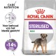 Royal Canin Sterilised Mini hondenvoerzak met een illustratie van een kleine hond, met tekst die zorgvoeding en calorievermindering benadrukt.