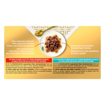 Verpackung für Haustierfutter, die Rind und Thunfisch in Sauce zeigt, mit dem Schwerpunkt auf hochwertigen Zutaten ohne künstliche Farben oder Konservierungsstoffe.