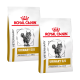 Zwei Beutel Royal Canin Veterinary Urinary S/O Katzenfutter, beschriftet mit "Moderate Calorie," mit einer Katzen-Grafik und dem Markenlogo.