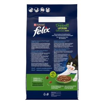 Purina Felix Katzenfuttertüte in Marineblau und Grün, lächelnde schwarz-weiße Katze neben einem Napf mit Kroketten; sichtbarer Text "Purina felix" und "Doppelt Lecker".