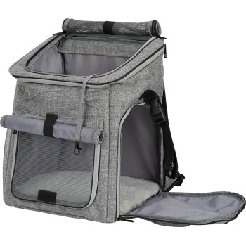 Szary plecak transportowy dla zwierząt z siateczkowymi oknami, otwarciem typu roll-top i miękkim wnętrzem, zaprojektowany dla komfortowej podróży.