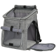 Grauer Haustier-Tragetaschen-Rucksack mit Netzfenstern, einer Rolltop-Öffnung und einem weichen Innenfutter, entworfen für komfortables Reisen.