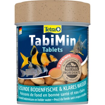 Contenant de comprimés Tetra TabiMin pour poissons de fond, présentant des images de poissons et un texte mettant en avant "MULTI Tablet with Shrimps."