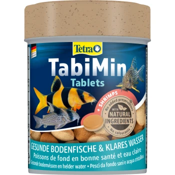 Behälter mit Tetra TabiMin-Tabletten für Bodenfresser, mit Bildern von Fischen und einem Text, der "MULTI Tablette mit Garnelen" hervorhebt.