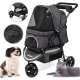 Ein Haustierwagen aus grauem Stoff mit Netzpaneelen, mit einer Sicherheitsleine im Inneren, neben einem kleinen Hund und einer grauen Katze.