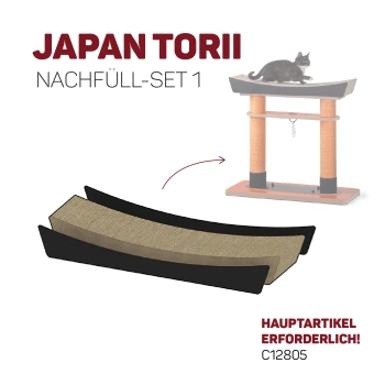 Japanisches Torii-Ersatzset mit zwei Pads für einen Kratzbaum, mit einer ruhenden Katze und dem Text "HAUPTARTIKEL ERFORDERLICH!" C12805.