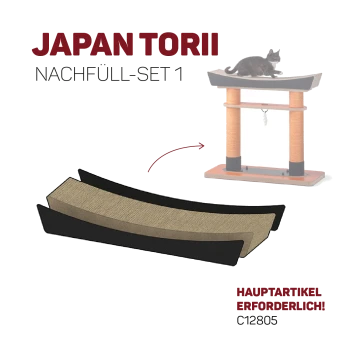 Japanisches Torii-Ersatzset mit zwei Pads für einen Kratzbaum, mit einer ruhenden Katze und dem Text "HAUPTARTIKEL ERFORDERLICH!" C12805.