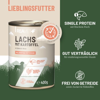 Etikett einer Hundefutterdose: „OFFENE DEKLARATION“ und „76% FISCH und Fischbrühe“, zudem „10% KOHLENHYDRAT“, „7% GEMÜSE“, „5% OBST“.