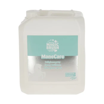 Weißes "Original Magic Brush ManeCare" Fellglanzspray mit einem türkisfarbenen Etikett, das süßes Mandelöl und D-Panthenol auflistet.