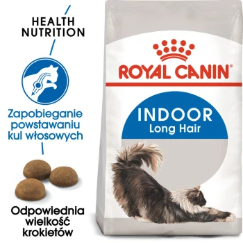 Torba z karmą dla kotów Royal Canin Indoor Long Hair z ilustracją rozciągającego się kota długowłosego, z tekstem o zdrowym odżywianiu i zapobieganiu kulkom włosowym.