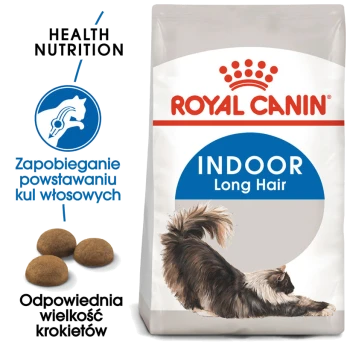 Torba z karmą dla kotów Royal Canin Indoor Long Hair z ilustracją rozciągającego się kota długowłosego, z tekstem o zdrowym odżywianiu i zapobieganiu kulkom włosowym.