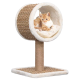Ein gemütlicher Katzenbaum mit einem runden, plüschgefütterten Versteck, in dem eine getigerte Katze entspannt, und einem stabilen Sockel mit Kratzsäule.