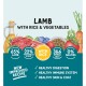 Lamb pet food packaging with 65% lamb, 22% rice & veggies, plus omega oils for digestion, immunity, and skin health.