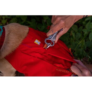 Eine Person, die einen Metallclip an ein rotes Hundegeschirr mit einem "Ruffwear"-Logo anbringt, während das Fell eines Hundes in der Nähe sichtbar ist.
