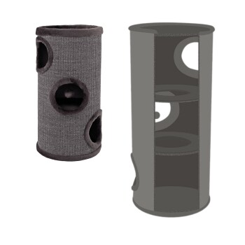 Zwei Katzen-Spielstrukturen: ein zylindrischer grauer Stofftunnel mit drei Öffnungen auf der linken Seite und ein mehrstöckiger grauer Turm auf der rechten Seite.