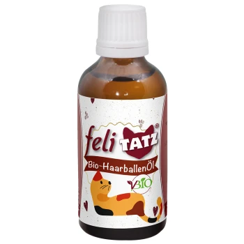 Flasche mit feli TATZ Bio-HaarballenÖl für Katzen, mit einer verspielten Katzenillustration und 'BIO'-Label, das die Haarballenlinderung fördert.