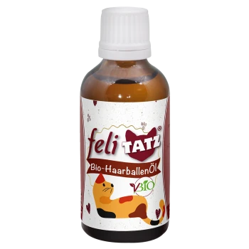 Flasche mit feli TATZ Bio-HaarballenÖl für Katzen, mit einer verspielten Katzenillustration und 'BIO'-Label, das die Haarballenlinderung fördert.