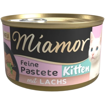 Miamor Kitten Pastete-Dose mit der Aufschrift 'Feine Pastete Kitten mit LACHS' und Abbildung eines weißen blauäugigen Kätzchens auf dem Etikett.
