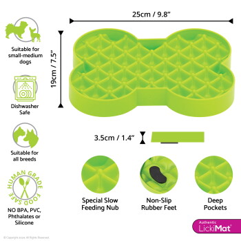Grüne, knochenförmige Slow-Feeder-Matte für Hunde, 25x19x3,5 cm, spülmaschinenfest, rutschfeste Füße, tiefe Taschen, BPA-frei, geeignet für alle Rassen.