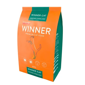 Orange bag of "Winner Cat" premium cat food, 10kg, featuring a silhouette of a cat and text indicating "Chicken Sterilised."