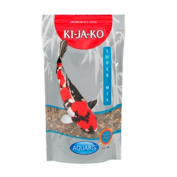 Eine Tüte KI-JA-KO Premium Koi-Futter mit einem bunten Koi-Fisch-Design, beschriftet mit "SUPER MIX" und "AQUARIS", mit einem Gewicht von 300 g.