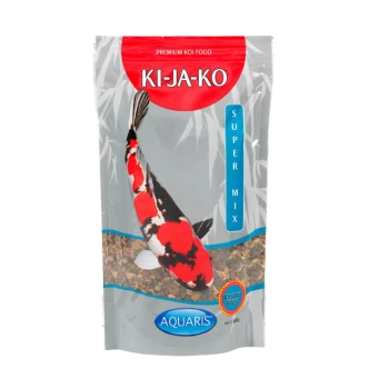 Eine Tüte KI-JA-KO Premium Koi-Futter mit einem bunten Koi-Fisch-Design, beschriftet mit "SUPER MIX" und "AQUARIS", mit einem Gewicht von 300 g.