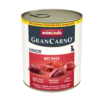 Dose Animonda GranCarno Junior Hundefutter mit Truthahn, mit frischen Zutaten, glutenfrei und hergestellt in Deutschland.