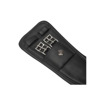 Schwarzer Leder-Haustierpflege-Werkzeughalter mit drei Metallclips und einer kleinen Tasche mit einem Logo.