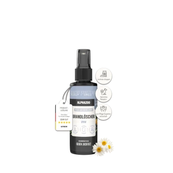 Alphazoo Brandlöscher Sprühflasche für Hunde und Katzen, Juckreizlinderung, mit Kamillenblüten und Produktanhängern.
