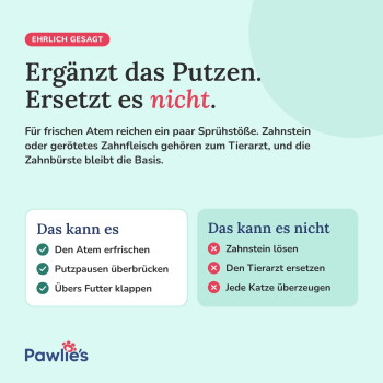 Pawlie's Dental Spray für Haustiere in einer grünen Flasche fördert natürliche Mundpflege ohne Alkohol oder schädliche Zusatzstoffe.