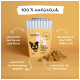 Eine gelbe Box mit "hanf hühner pops" Hundeleckerlis mit einer Hundegesicht-Illustration, die Text über natürliche Zutaten und Vorteile für Hunde enthält.