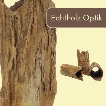 Hohle, naturgetreu wirkende Treibholz-Aquariumdekorationen mit Rindenstruktur; Etikett: 'Echtholz Optik'.