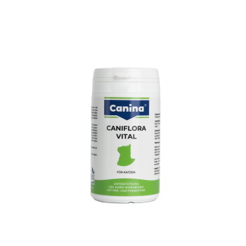 Weiße Canina-Caniflora-Vital-Supplementflasche für Katzen mit grüner Katzensilhouette; sichtbarer Text „Für Katzen“ und Hinweis auf probiotische Unterstützung.