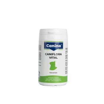 Weiße Canina-Caniflora-Vital-Supplementflasche für Katzen mit grüner Katzensilhouette; sichtbarer Text „Für Katzen“ und Hinweis auf probiotische Unterstützung.