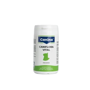 Weiße Canina-Caniflora-Vital-Supplementflasche für Katzen mit grüner Katzensilhouette; sichtbarer Text „Für Katzen“ und Hinweis auf probiotische Unterstützung.