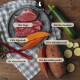 Rohes Ziegenfleisch mit Süßkartoffel, Zucchini und Grünzeug, deutsche Beschriftungen ‚70% Ziege‘, ‚13% Bio‑Süßkartoffel‘, ‚Für Hunde‘.