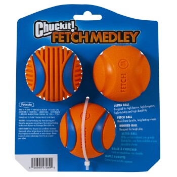 Chuckit! Fetch Medley Hundespielzeug-Pack mit drei orange-blauen Gummibällen für langlebiges Apportierspiel.