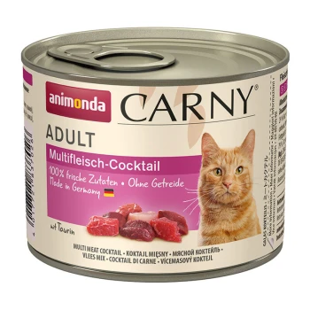 Carny nourriture humide pour chat adulte Cocktail multiviande 6x200 g Nourriture pour chat en conserve étiquetée "Animonda Carny Adult Multifleisch-Cocktail," contenant des ingrédients de viande fraîche, sans céréales, fabriquée en Allemagne.